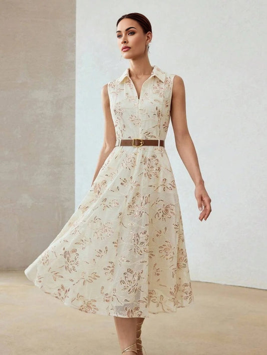 PREMIUM CONTRAST SEQUINS EMBROIDERY FLORAL PATTERN SLANT POCKET SLEEVELESS BELTED DRESS