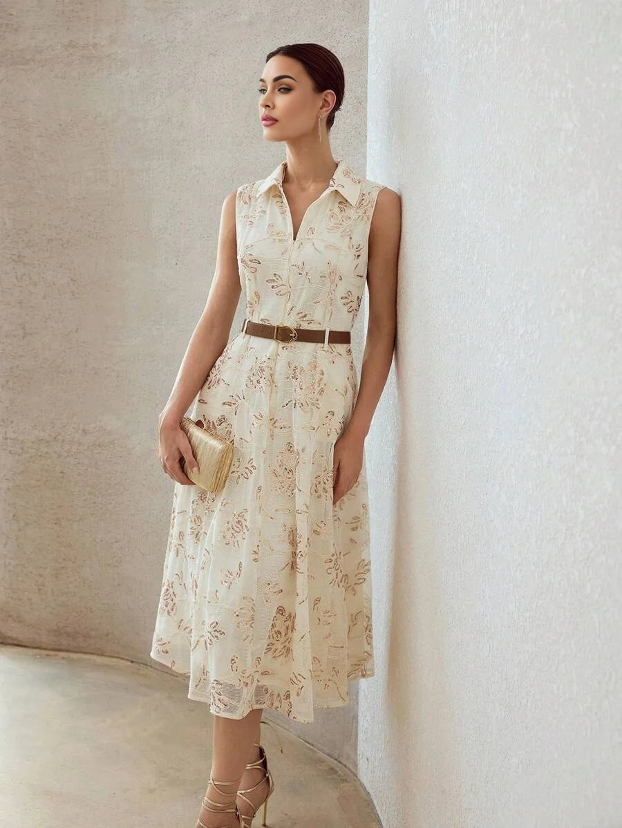 PREMIUM CONTRAST SEQUINS EMBROIDERY FLORAL PATTERN SLANT POCKET SLEEVELESS BELTED DRESS