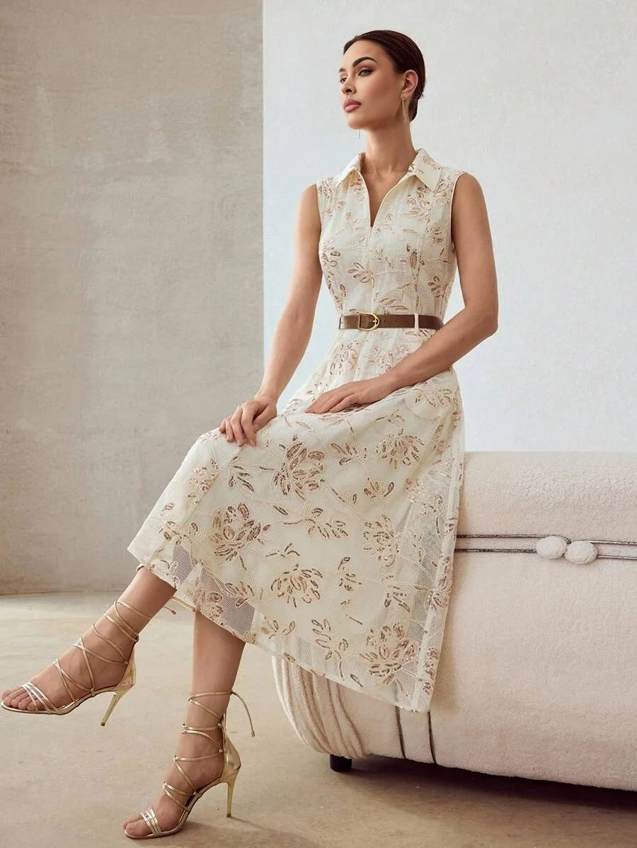 PREMIUM CONTRAST SEQUINS EMBROIDERY FLORAL PATTERN SLANT POCKET SLEEVELESS BELTED DRESS