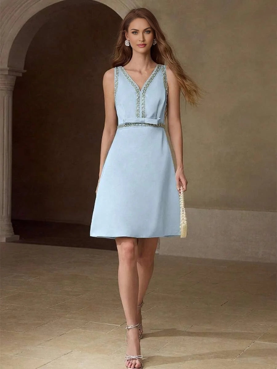 PREMIUM CONTRAST TAPE BOW FRONT SHORT DRESS