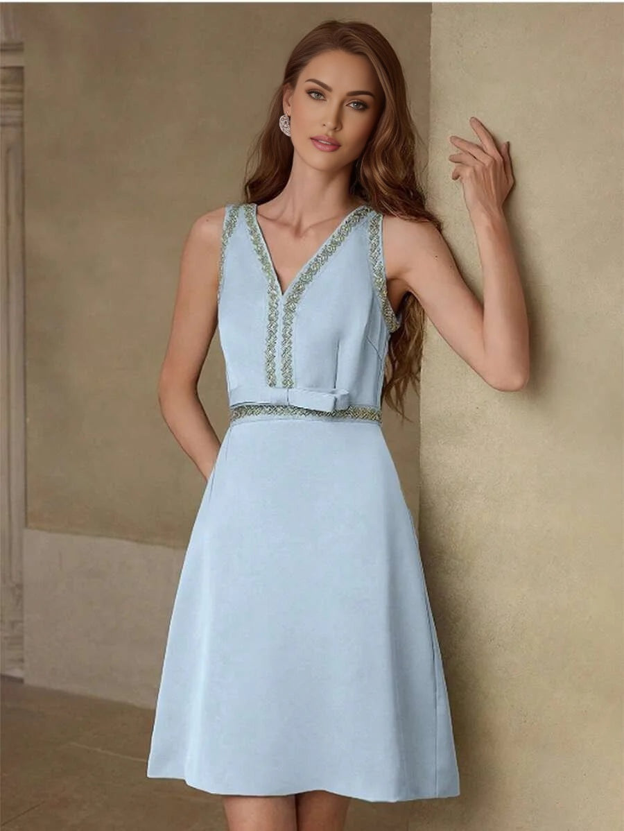 PREMIUM CONTRAST TAPE BOW FRONT SHORT DRESS