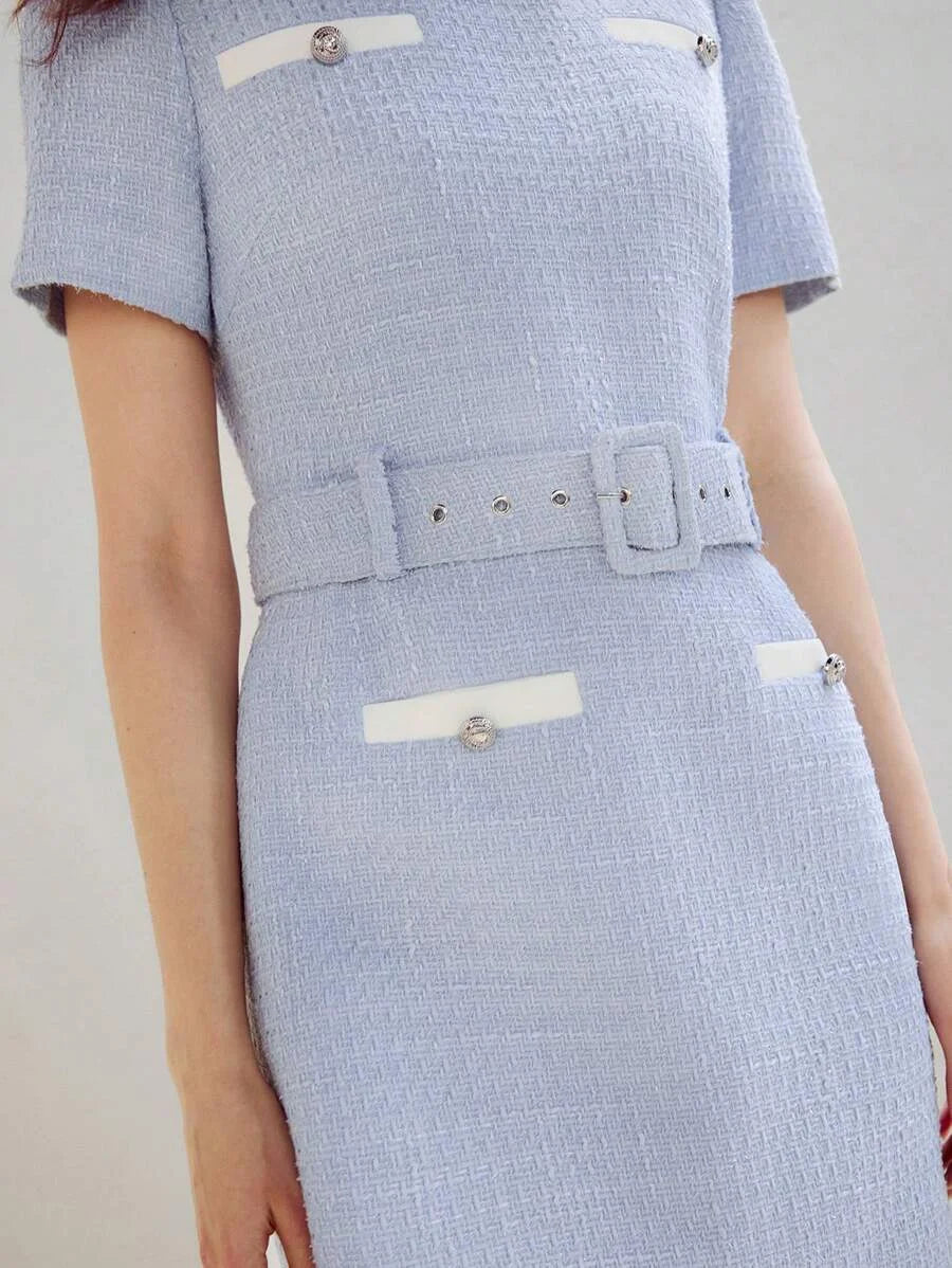 PREMIUM CONTRAST TRIM BELTED DRESS