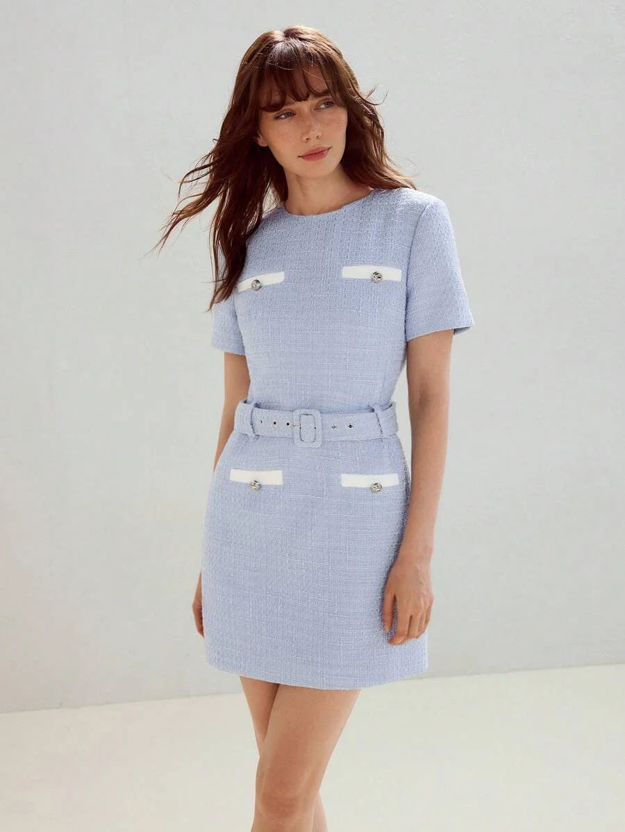 PREMIUM CONTRAST TRIM BELTED DRESS