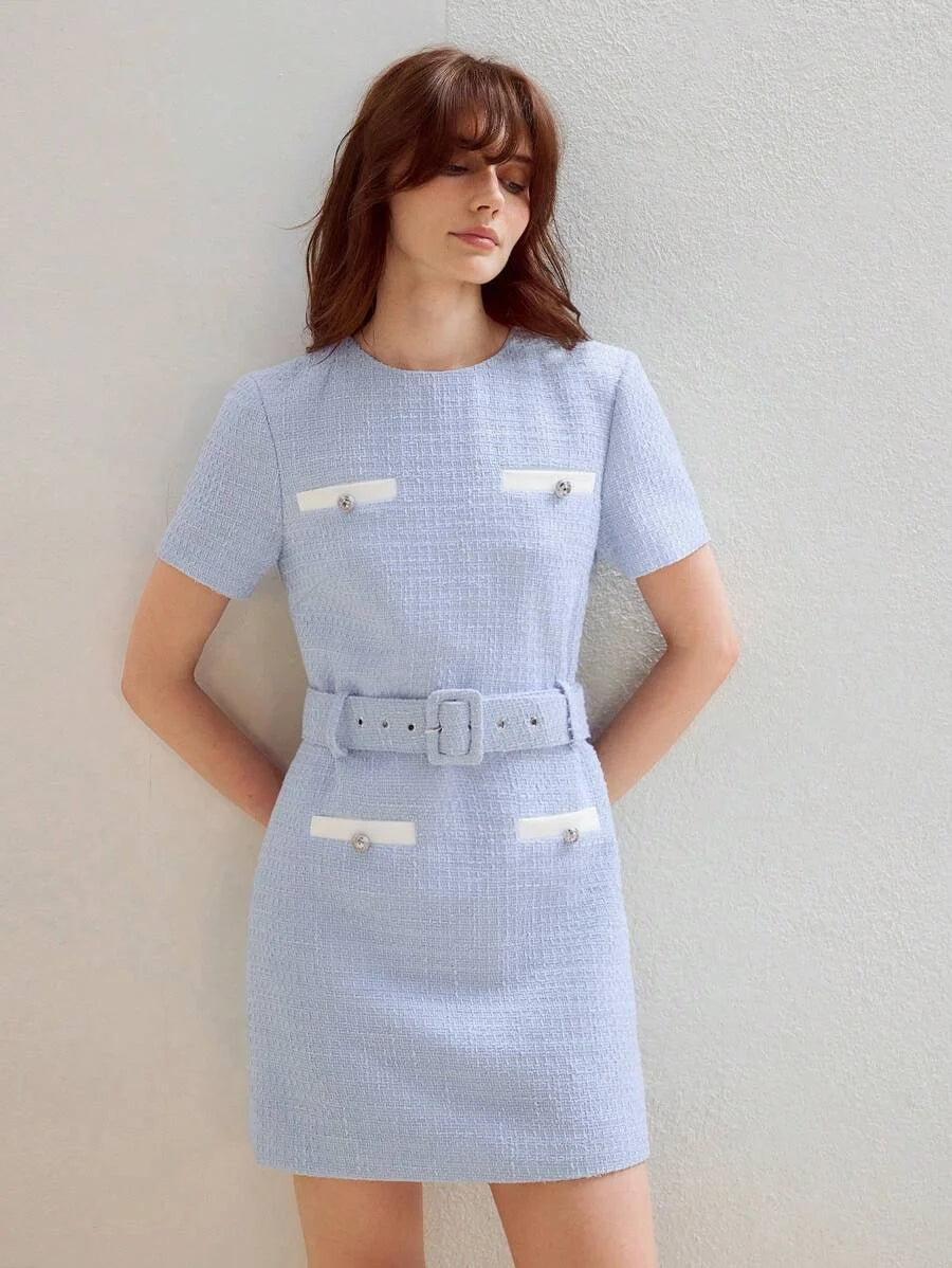 PREMIUM CONTRAST TRIM BELTED DRESS