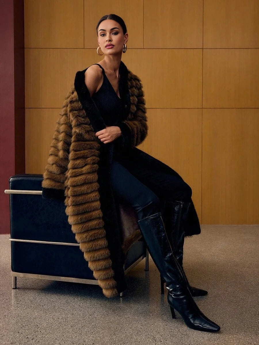 PREMIUM CONTRAST TRIM SNAP BUTTON FAUX FUR COAT