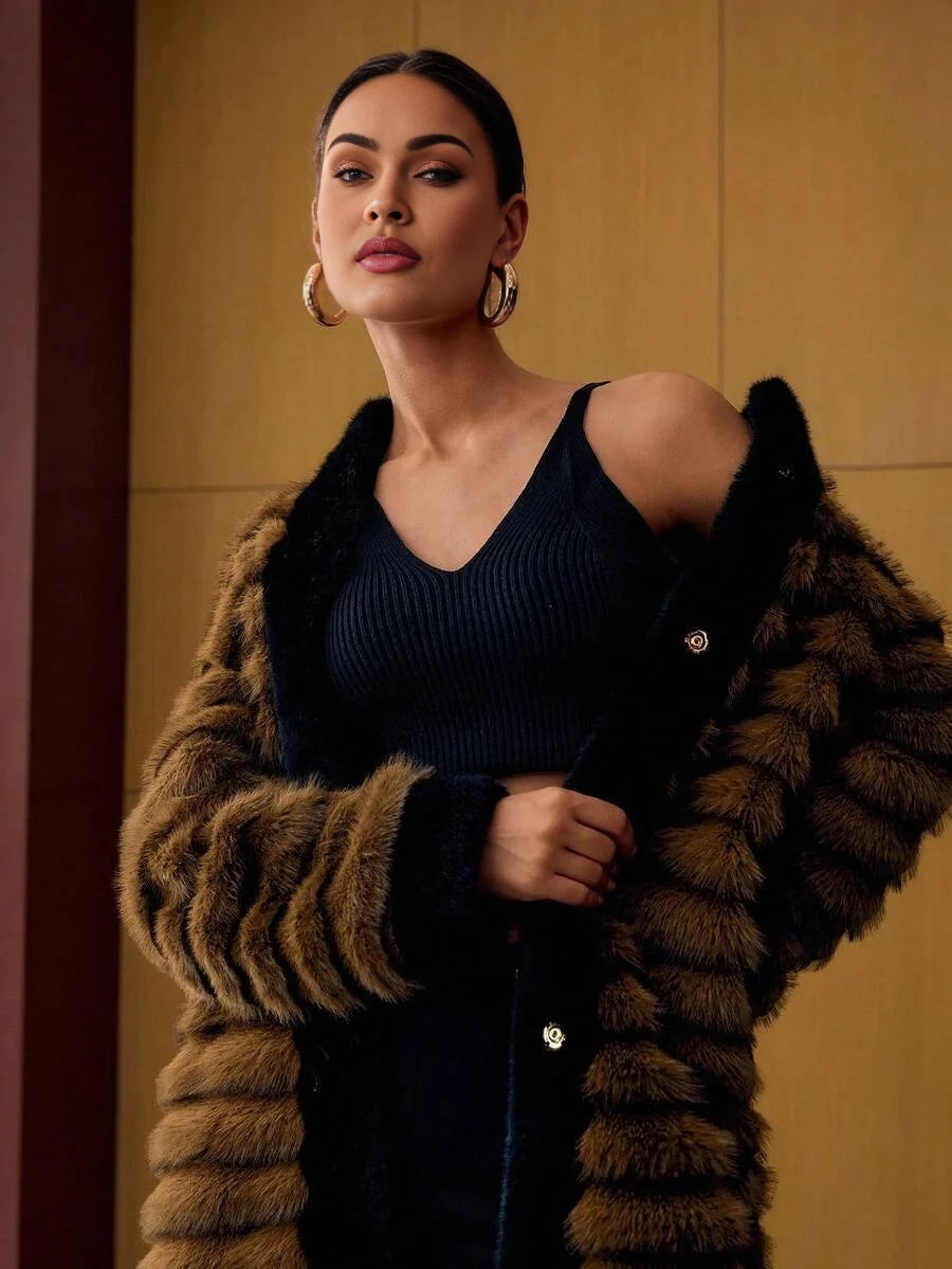 PREMIUM CONTRAST TRIM SNAP BUTTON FAUX FUR COAT