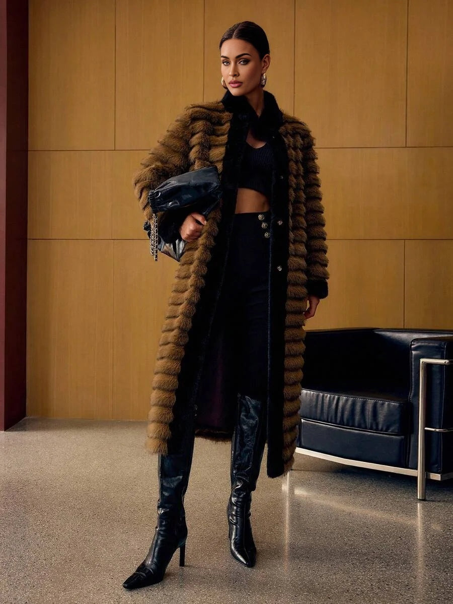 PREMIUM CONTRAST TRIM SNAP BUTTON FAUX FUR COAT