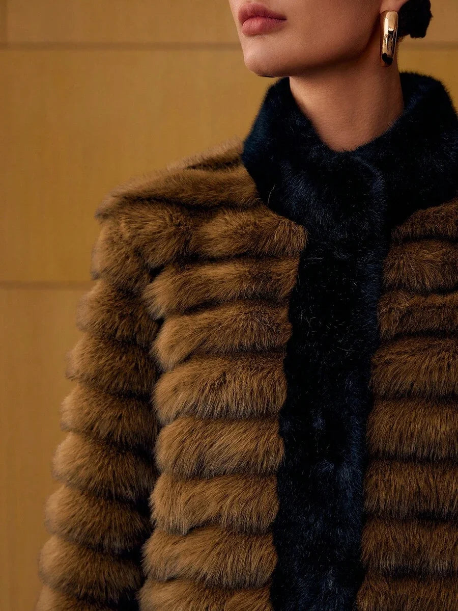 PREMIUM CONTRAST TRIM SNAP BUTTON FAUX FUR COAT