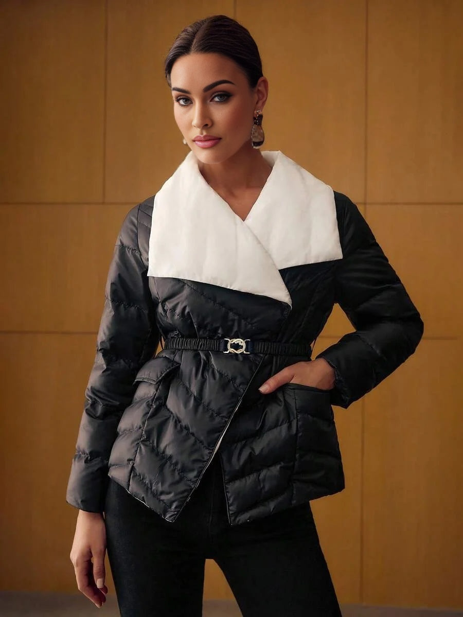 PREMIUM CONTRAST WATERFALL COLLAR DOUBLE BREASTED PLACKET BELTED WINTER COAT