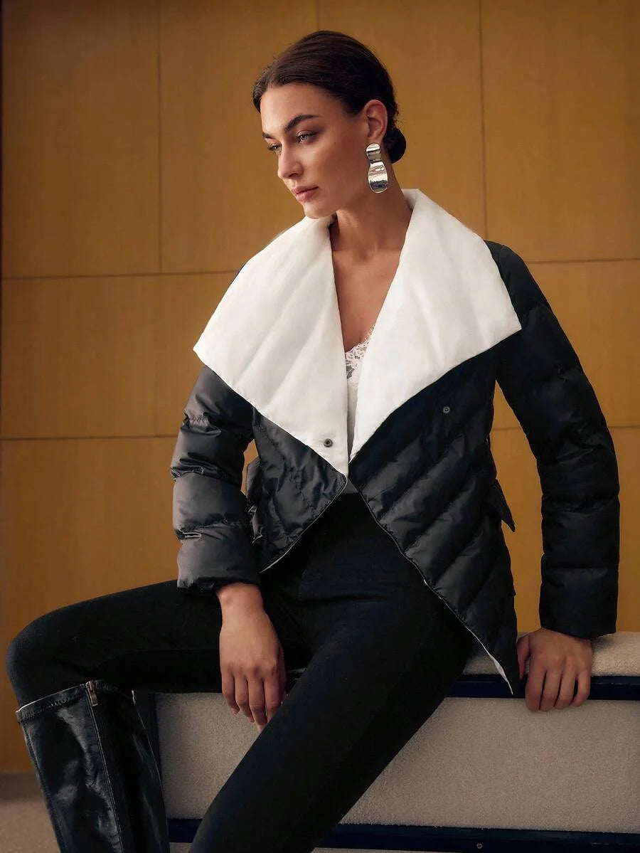 PREMIUM CONTRAST WATERFALL COLLAR DOUBLE BREASTED PLACKET BELTED WINTER COAT