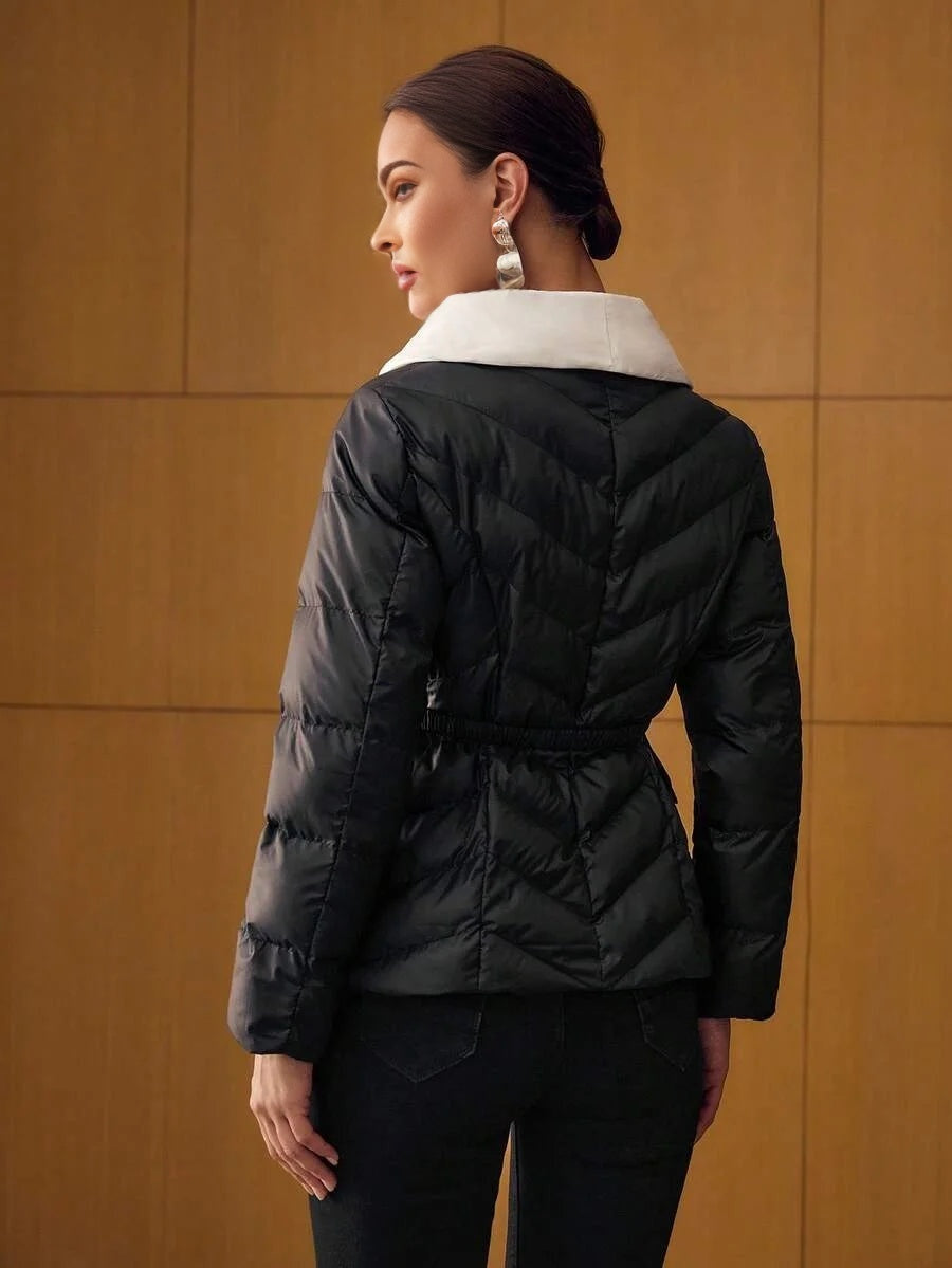 PREMIUM CONTRAST WATERFALL COLLAR DOUBLE BREASTED PLACKET BELTED WINTER COAT