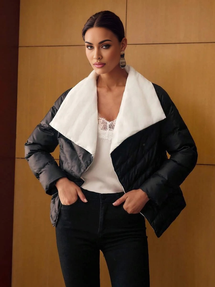 PREMIUM CONTRAST WATERFALL COLLAR DOUBLE BREASTED PLACKET BELTED WINTER COAT