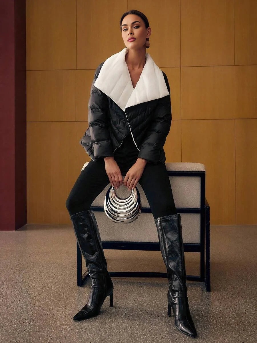 PREMIUM CONTRAST WATERFALL COLLAR DOUBLE BREASTED PLACKET BELTED WINTER COAT