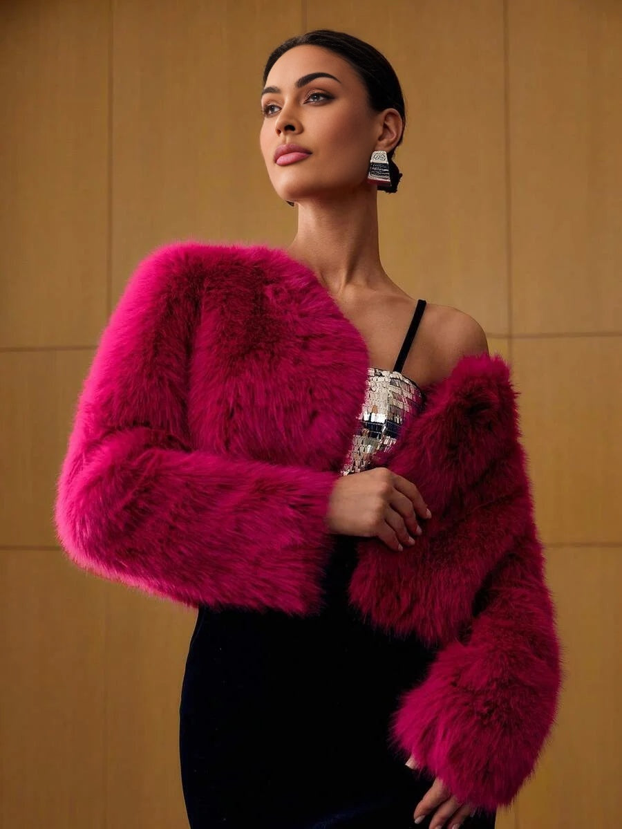 PREMIUM CROP LONG SLEEVE FAUX FUR COAT