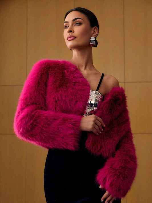 PREMIUM CROP LONG SLEEVE FAUX FUR COAT