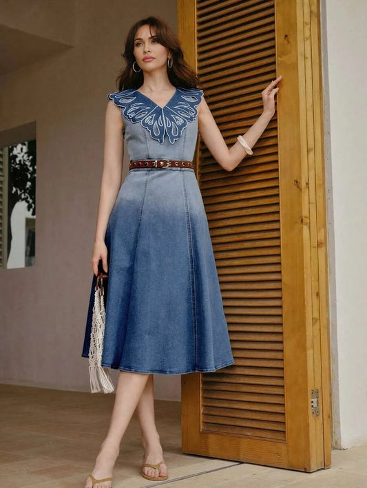 PREMIUM CUT OUT EMBROIDERY DENIM DRESS