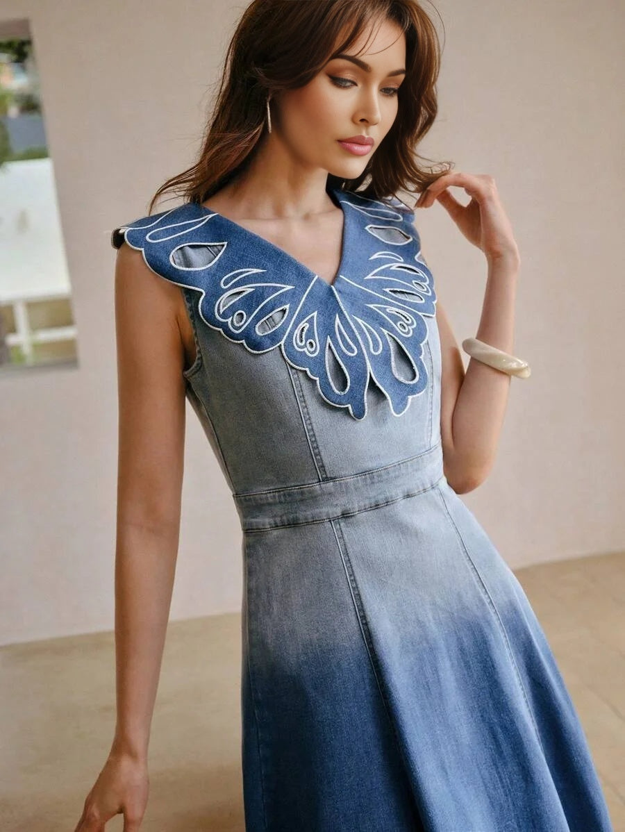 PREMIUM CUT OUT EMBROIDERY DENIM DRESS