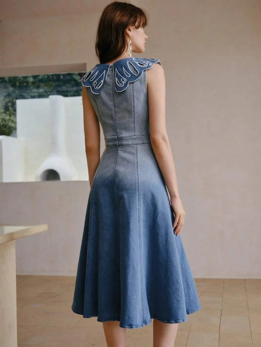 PREMIUM CUT OUT EMBROIDERY DENIM DRESS