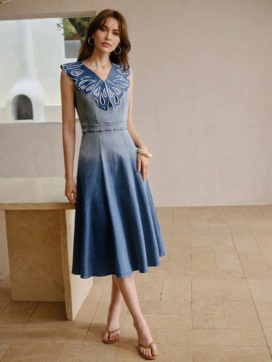 PREMIUM CUT OUT EMBROIDERY DENIM DRESS