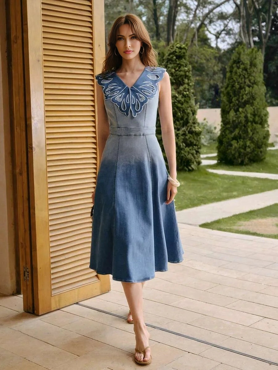 PREMIUM CUT OUT EMBROIDERY DENIM DRESS