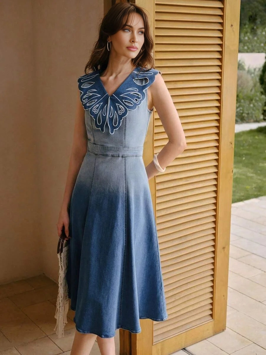 PREMIUM CUT OUT EMBROIDERY DENIM DRESS