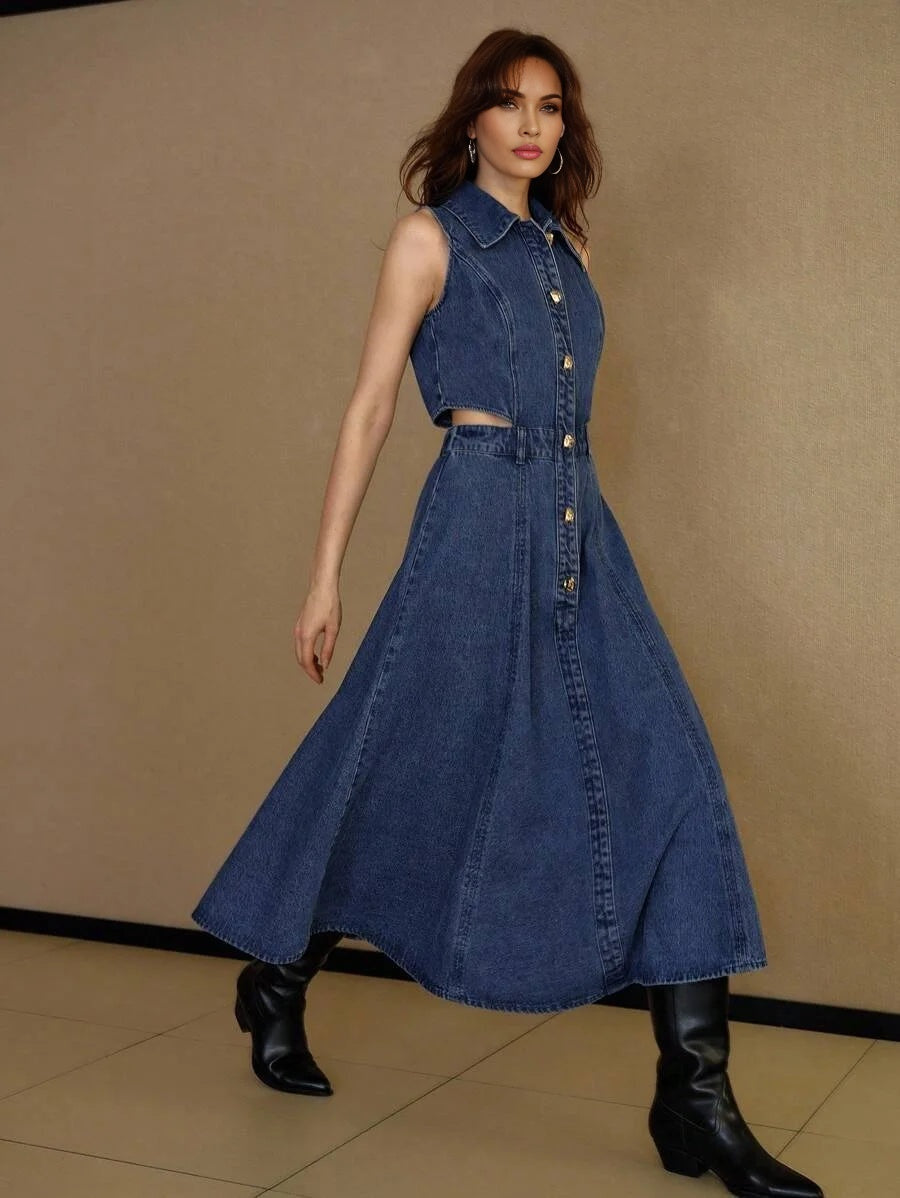 PREMIUM CUTOUT WAIST FLARE HEM SLEEVELESS DENIM DRESS