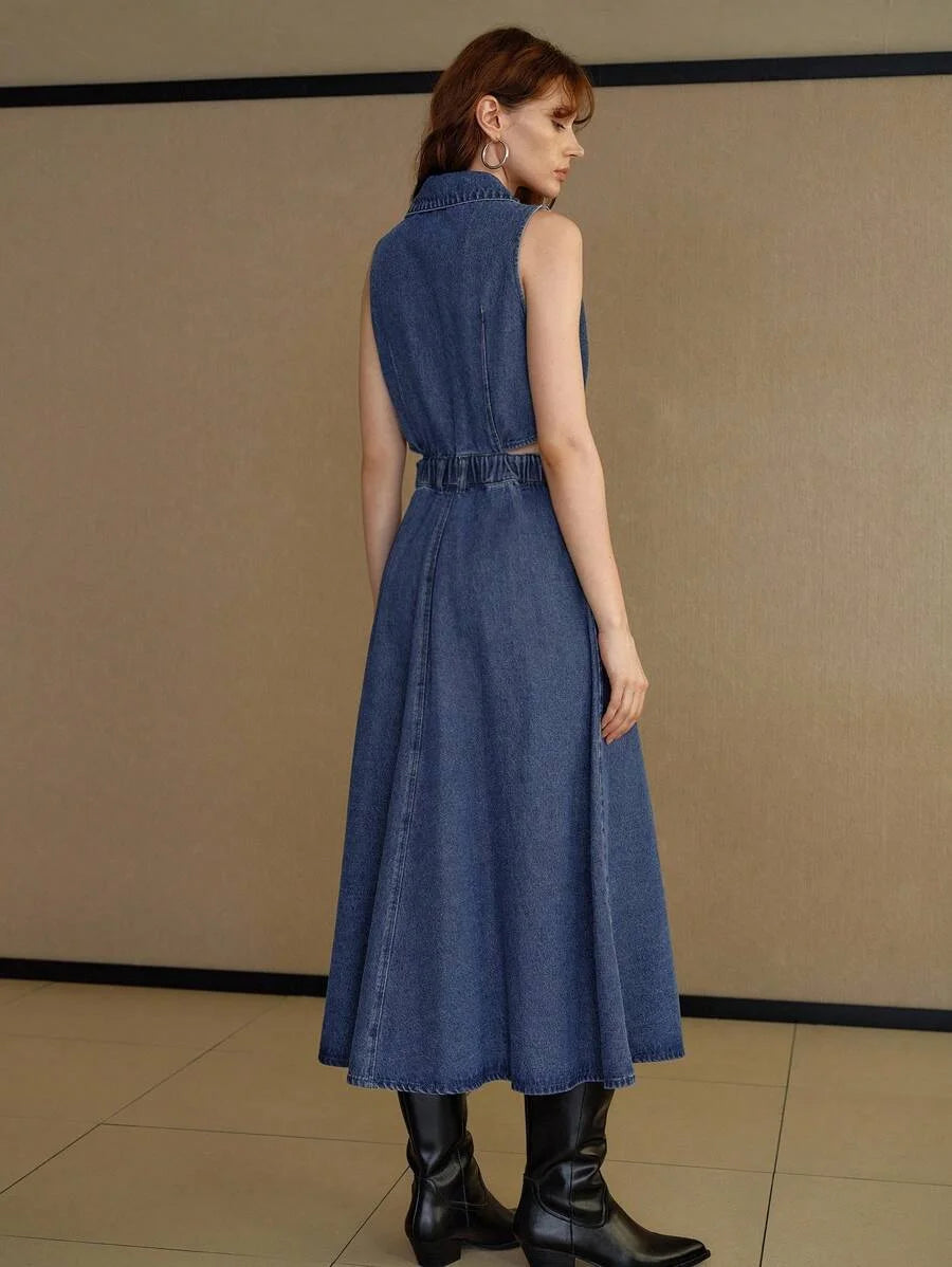 PREMIUM CUTOUT WAIST FLARE HEM SLEEVELESS DENIM DRESS