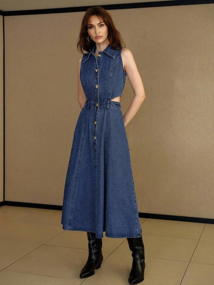PREMIUM CUTOUT WAIST FLARE HEM SLEEVELESS DENIM DRESS