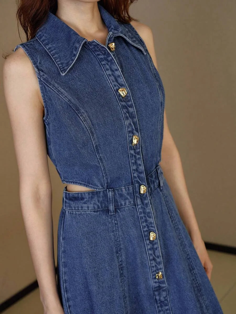 PREMIUM CUTOUT WAIST FLARE HEM SLEEVELESS DENIM DRESS