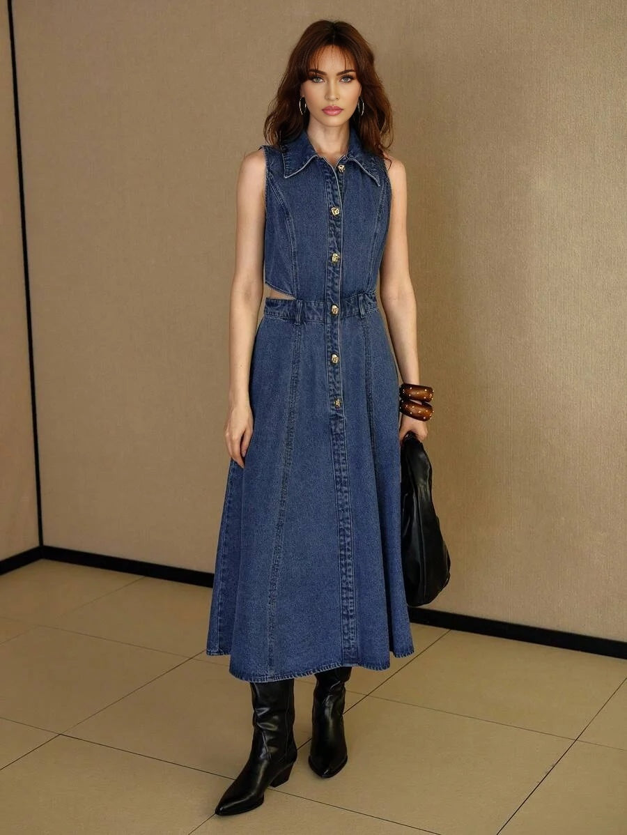 PREMIUM CUTOUT WAIST FLARE HEM SLEEVELESS DENIM DRESS