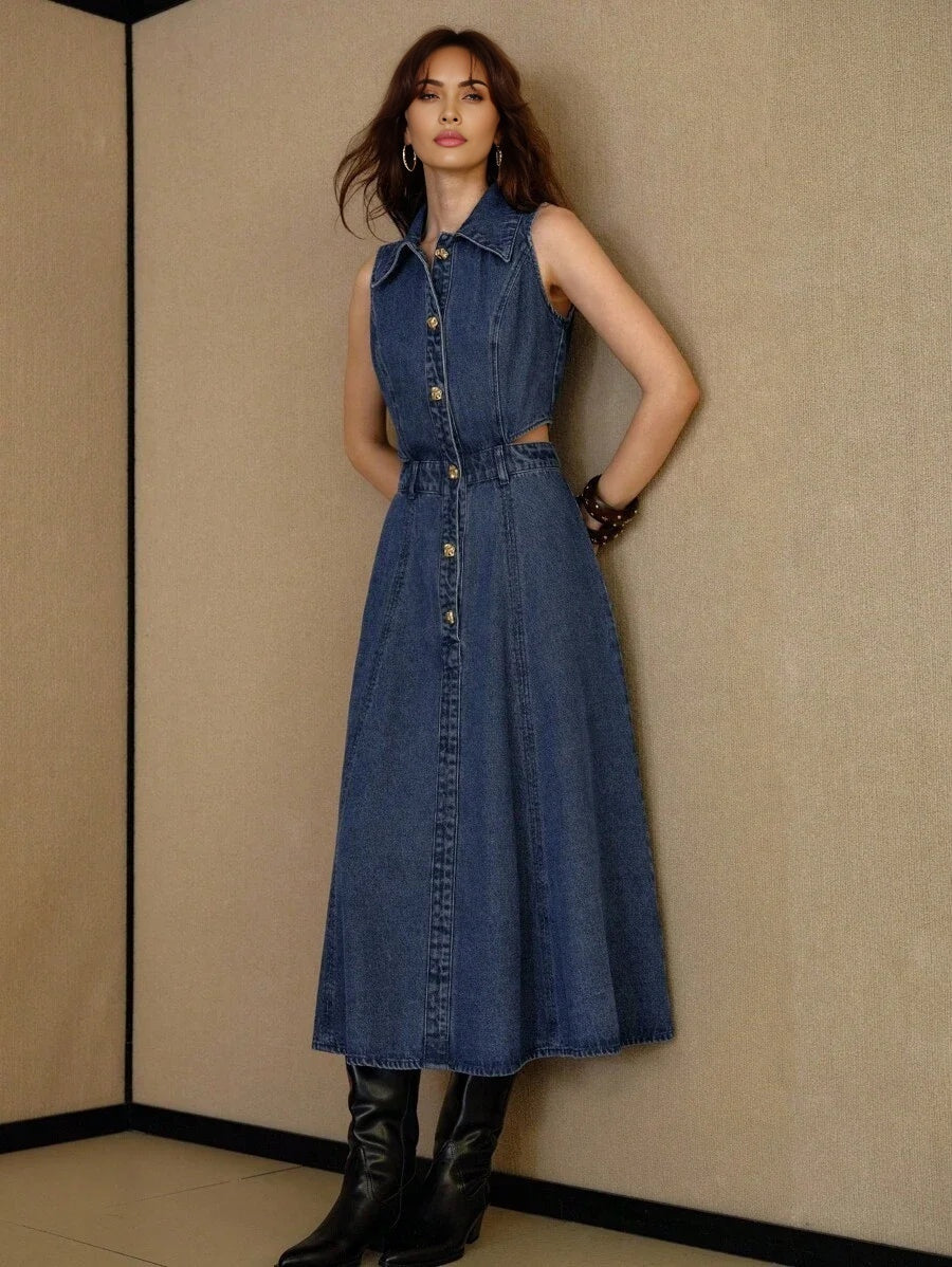 PREMIUM CUTOUT WAIST FLARE HEM SLEEVELESS DENIM DRESS