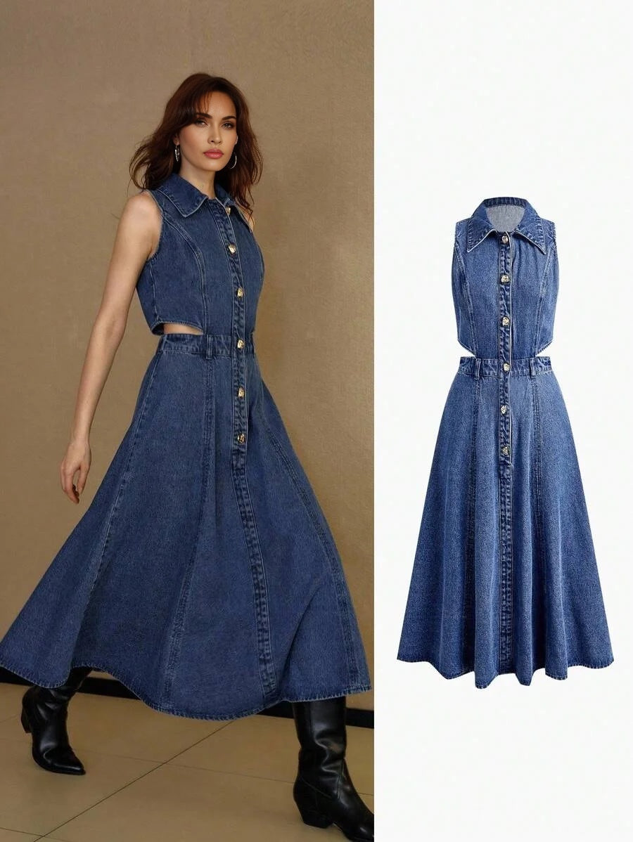 PREMIUM CUTOUT WAIST FLARE HEM SLEEVELESS DENIM DRESS