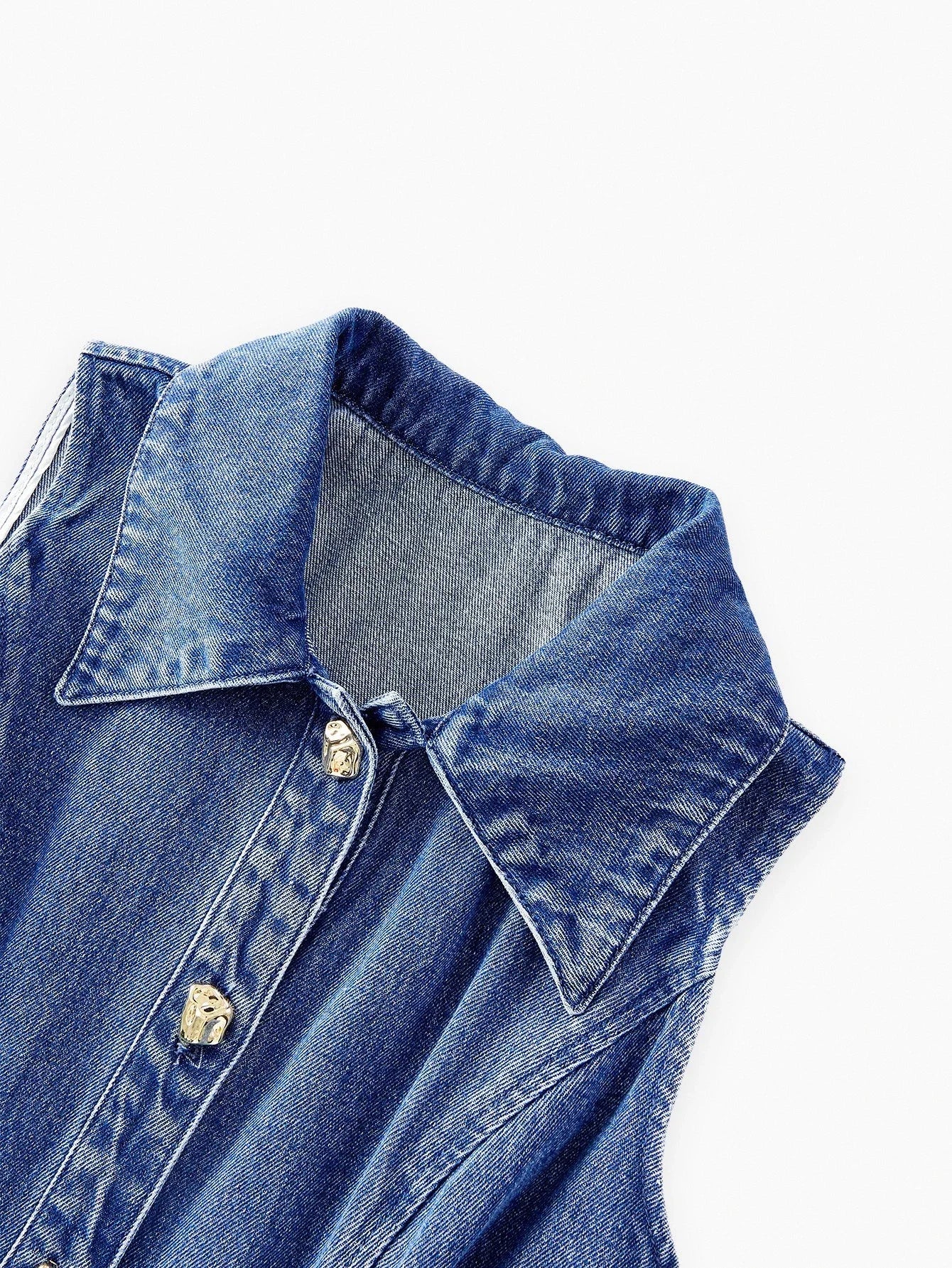 PREMIUM CUTOUT WAIST FLARE HEM SLEEVELESS DENIM DRESS