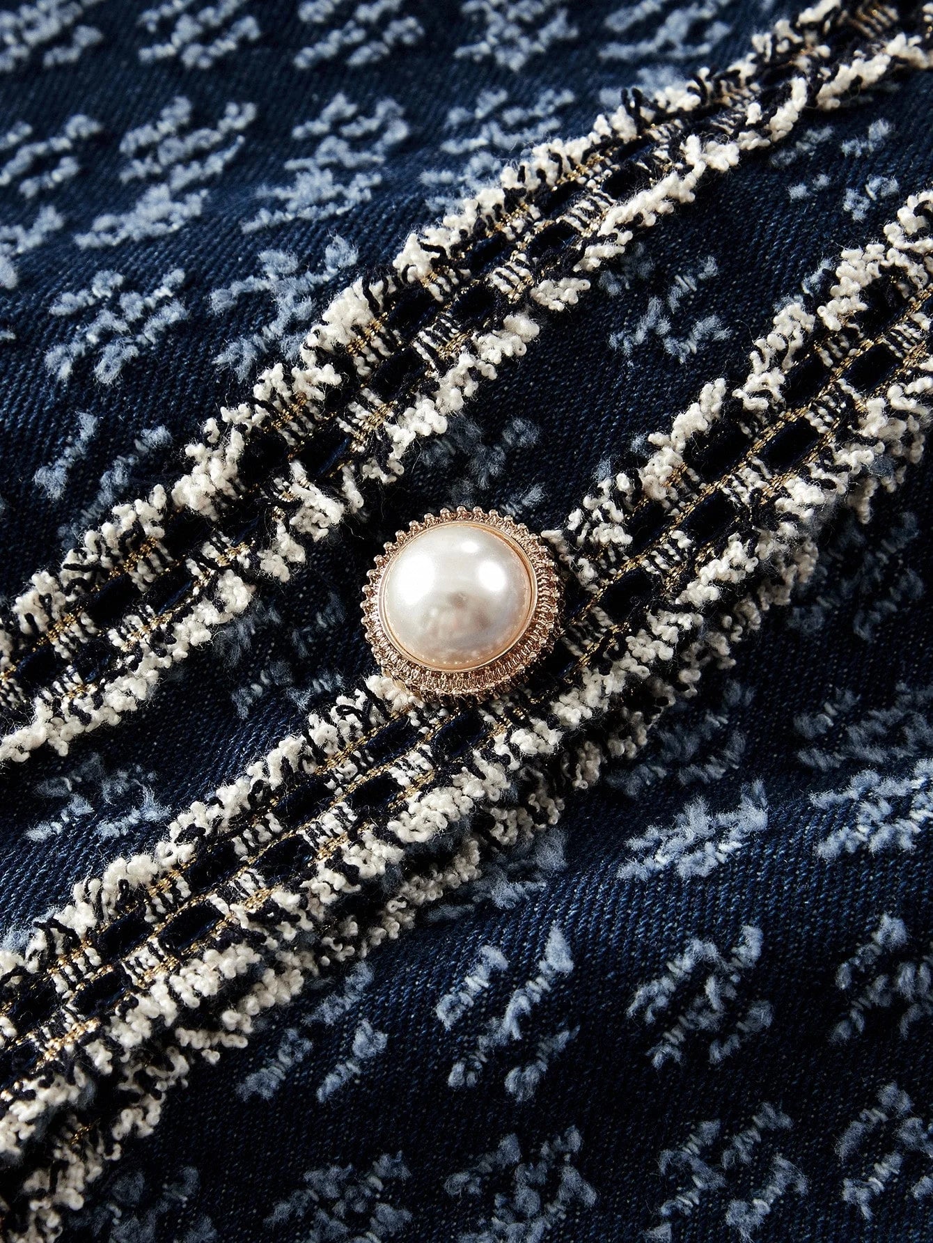 PREMIUM DENIM JACQUARD CONTRAST TAPE TRIM FLAP DETAIL CROP JACKET amp SKIRT SET