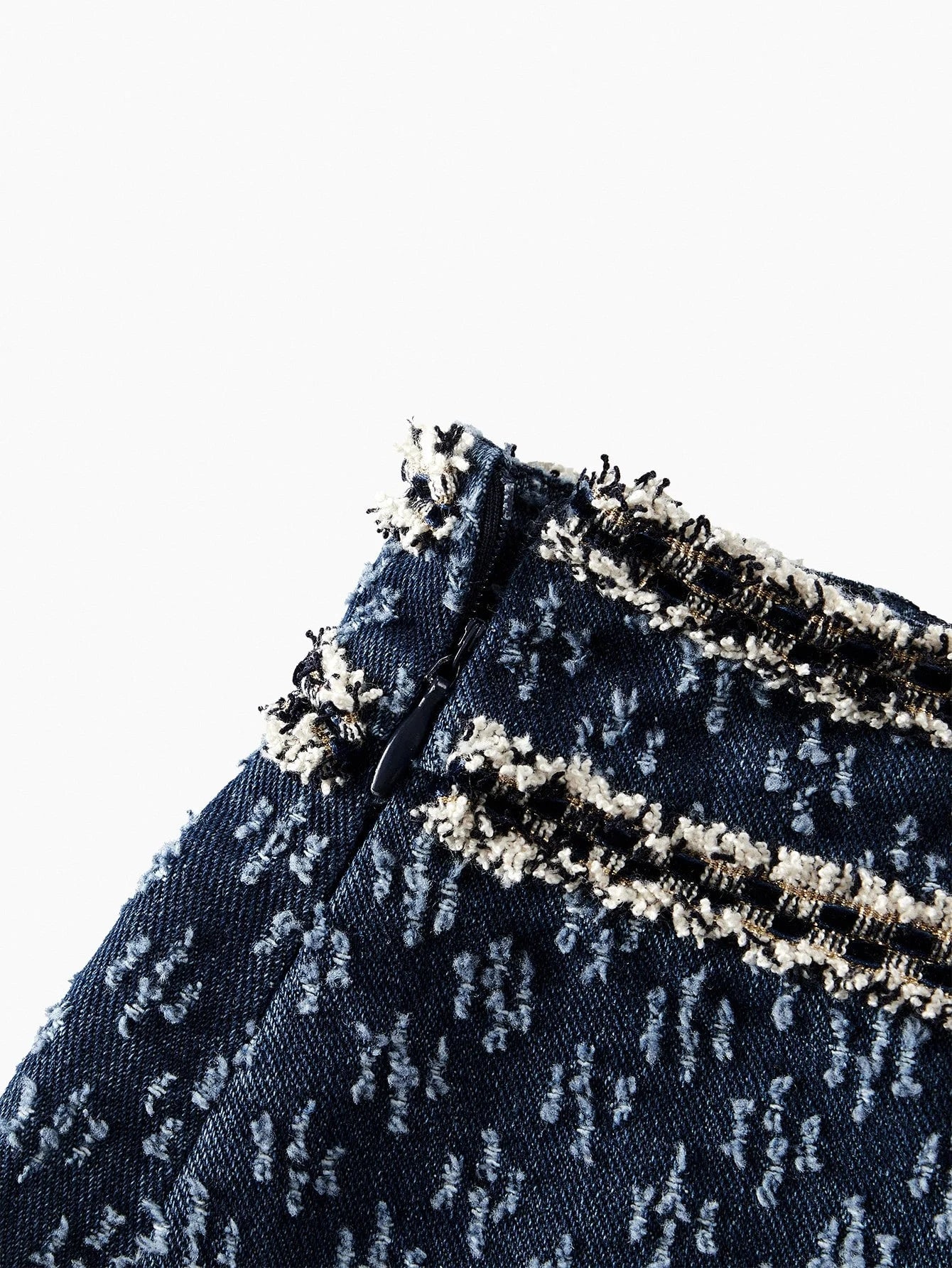 PREMIUM DENIM JACQUARD CONTRAST TAPE TRIM FLAP DETAIL CROP JACKET amp SKIRT SET