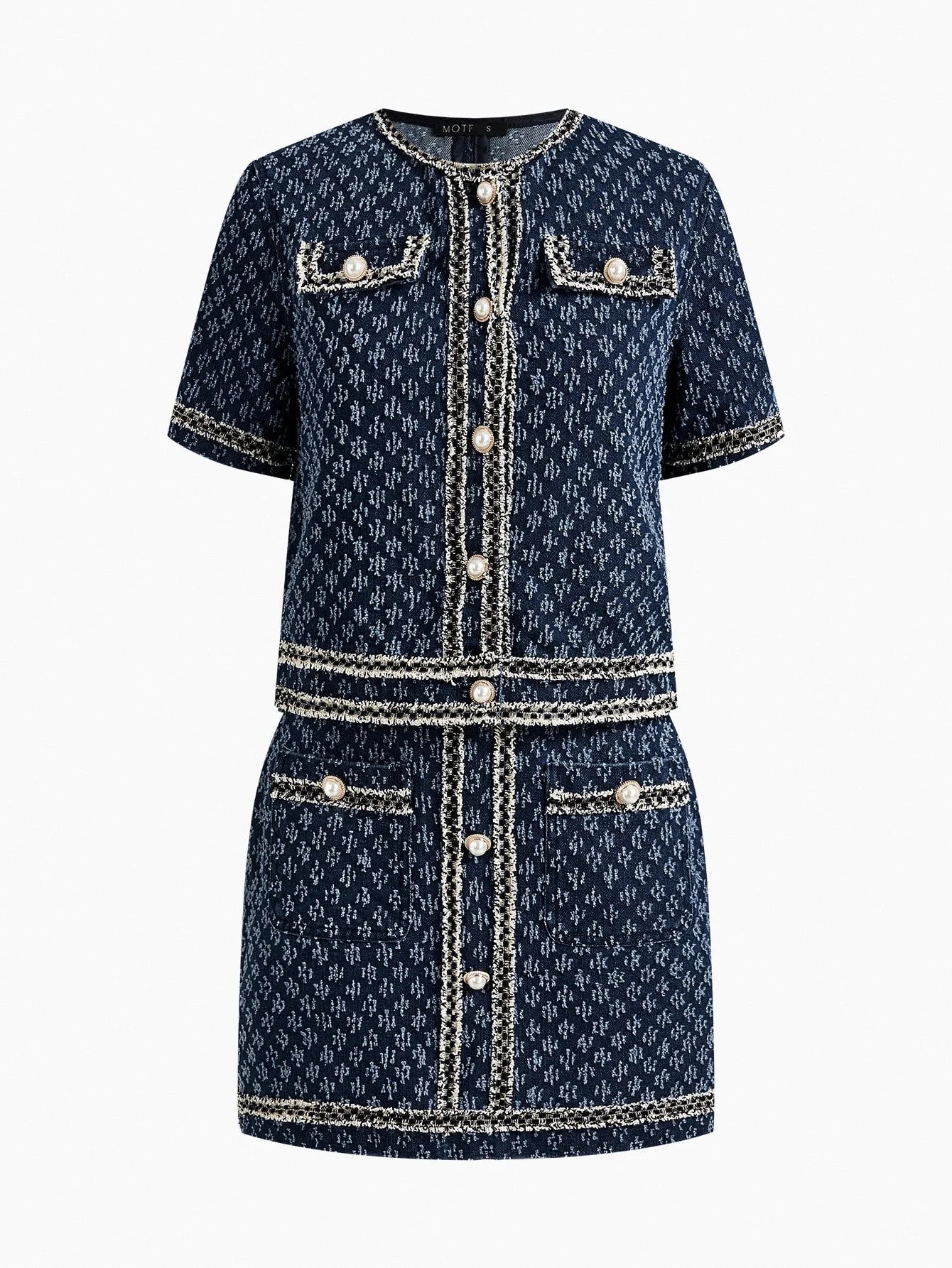 PREMIUM DENIM JACQUARD CONTRAST TAPE TRIM FLAP DETAIL CROP JACKET amp SKIRT SET