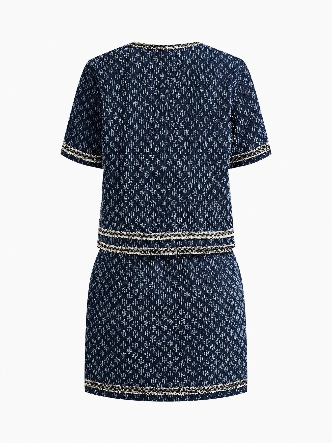 PREMIUM DENIM JACQUARD CONTRAST TAPE TRIM FLAP DETAIL CROP JACKET amp SKIRT SET