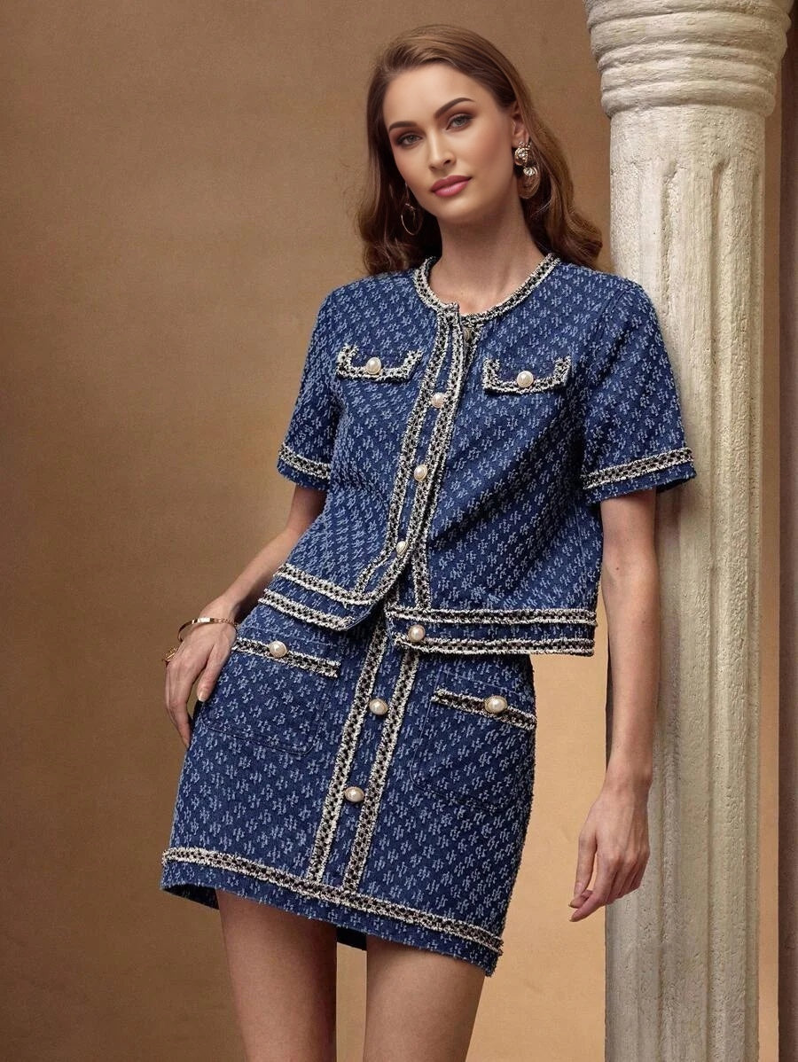 PREMIUM DENIM JACQUARD CONTRAST TAPE TRIM FLAP DETAIL CROP JACKET amp SKIRT SET