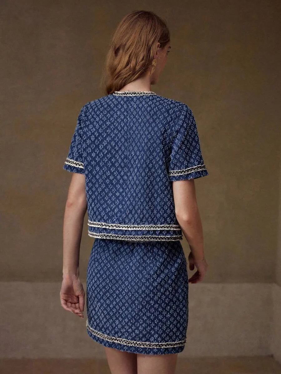 PREMIUM DENIM JACQUARD CONTRAST TAPE TRIM FLAP DETAIL CROP JACKET amp SKIRT SET