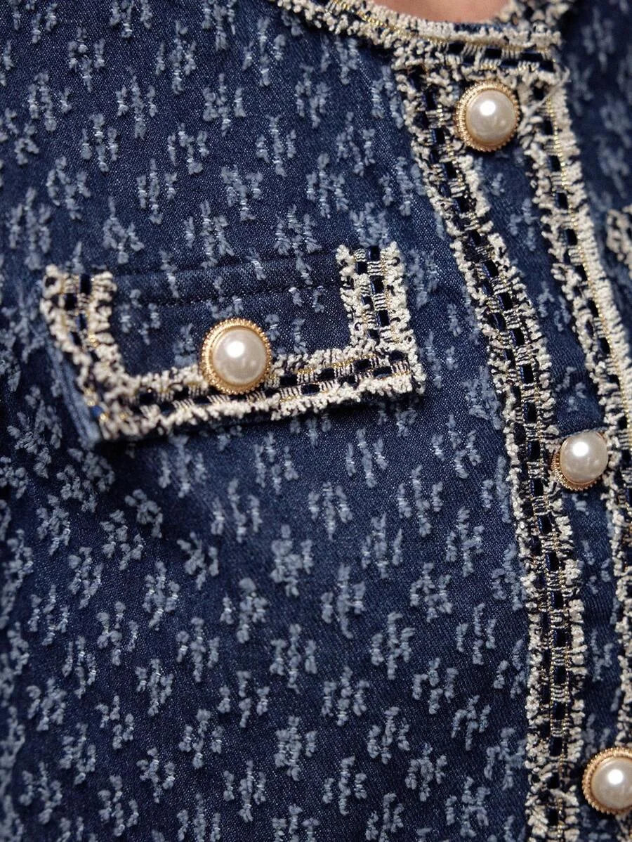 PREMIUM DENIM JACQUARD CONTRAST TAPE TRIM FLAP DETAIL CROP JACKET amp SKIRT SET