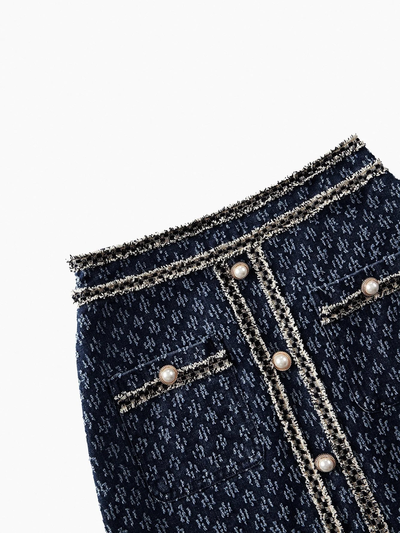 PREMIUM DENIM JACQUARD CONTRAST TAPE TRIM FLAP DETAIL CROP JACKET amp SKIRT SET