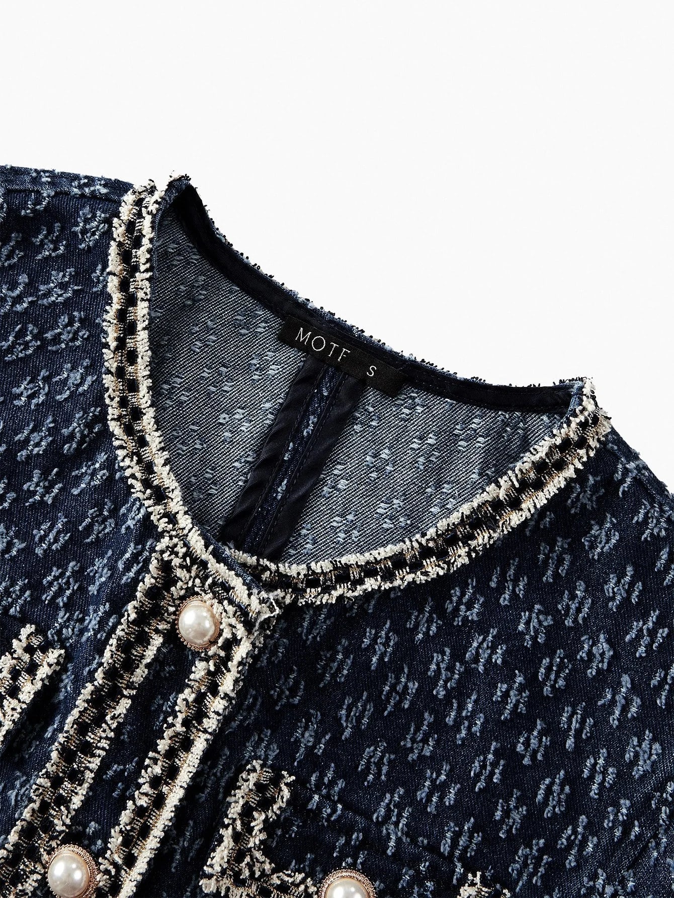 PREMIUM DENIM JACQUARD CONTRAST TAPE TRIM FLAP DETAIL CROP JACKET amp SKIRT SET