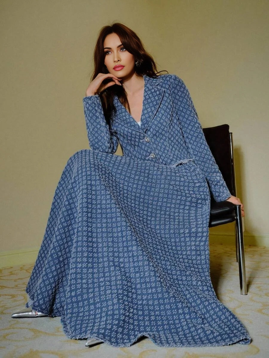 PREMIUM DENIM JACQUARD LAPEL COLLAR RAW EDGE JACKET amp MAXI SKIRT SET FALL WINTER