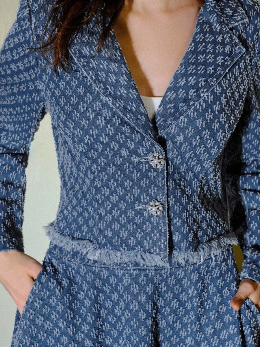 PREMIUM DENIM JACQUARD LAPEL COLLAR RAW EDGE JACKET amp MAXI SKIRT SET FALL WINTER