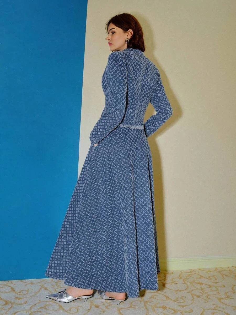 PREMIUM DENIM JACQUARD LAPEL COLLAR RAW EDGE JACKET amp MAXI SKIRT SET FALL WINTER