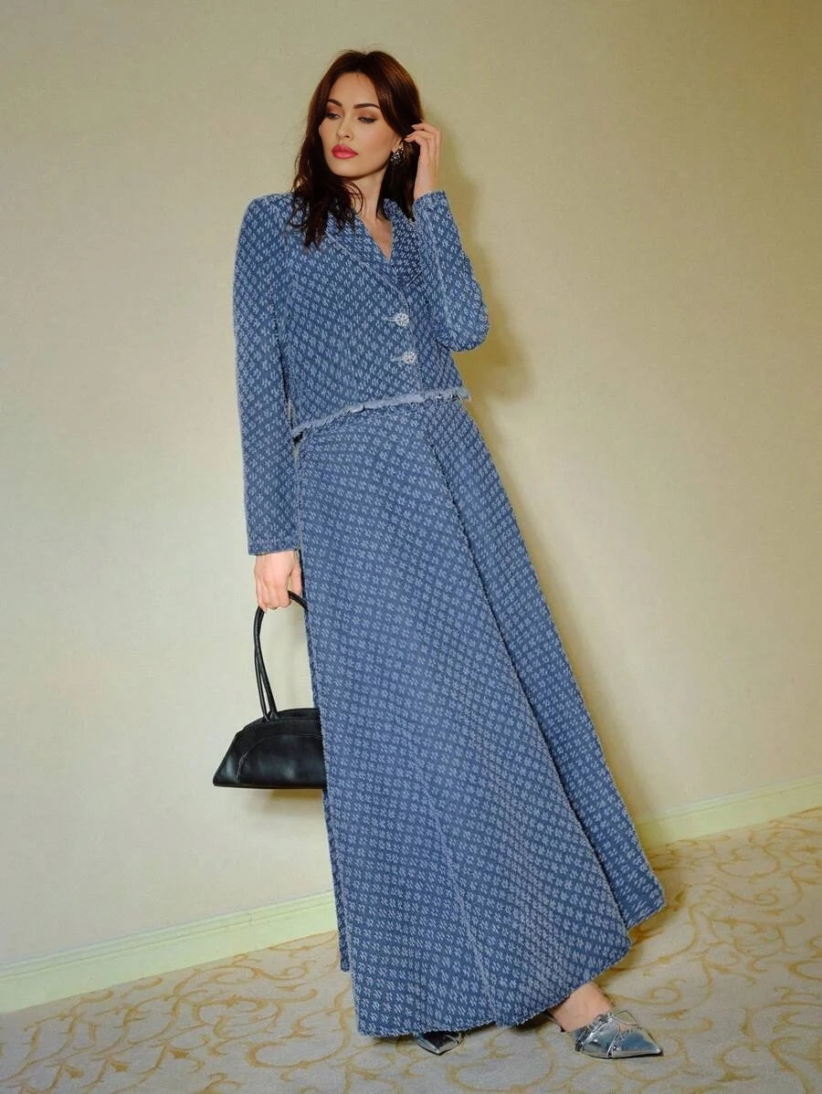 PREMIUM DENIM JACQUARD LAPEL COLLAR RAW EDGE JACKET amp MAXI SKIRT SET FALL WINTER