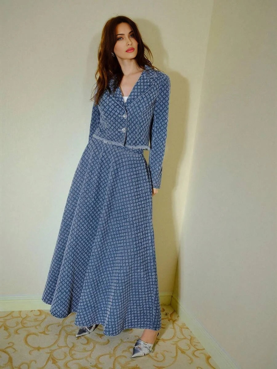 PREMIUM DENIM JACQUARD LAPEL COLLAR RAW EDGE JACKET amp MAXI SKIRT SET FALL WINTER