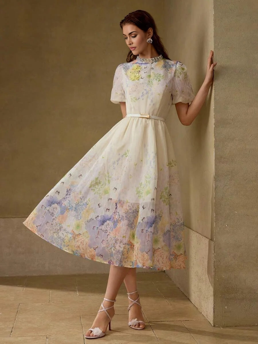 PREMIUM DITSY FLORAL BELTED DRESS