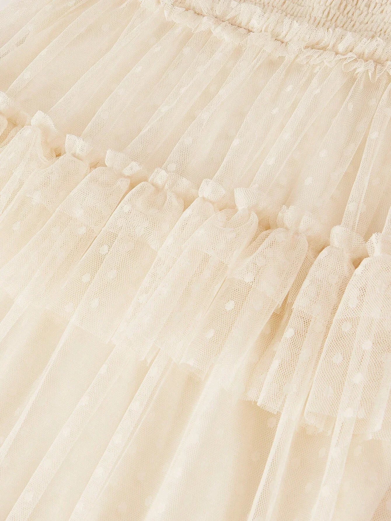 PREMIUM DOBBY MESH OVERLAY OFF SHOULDER SHIRRED BODICE LAYERED RUFFLE TRIM MAXI DRESS WOMEN OUTFIT