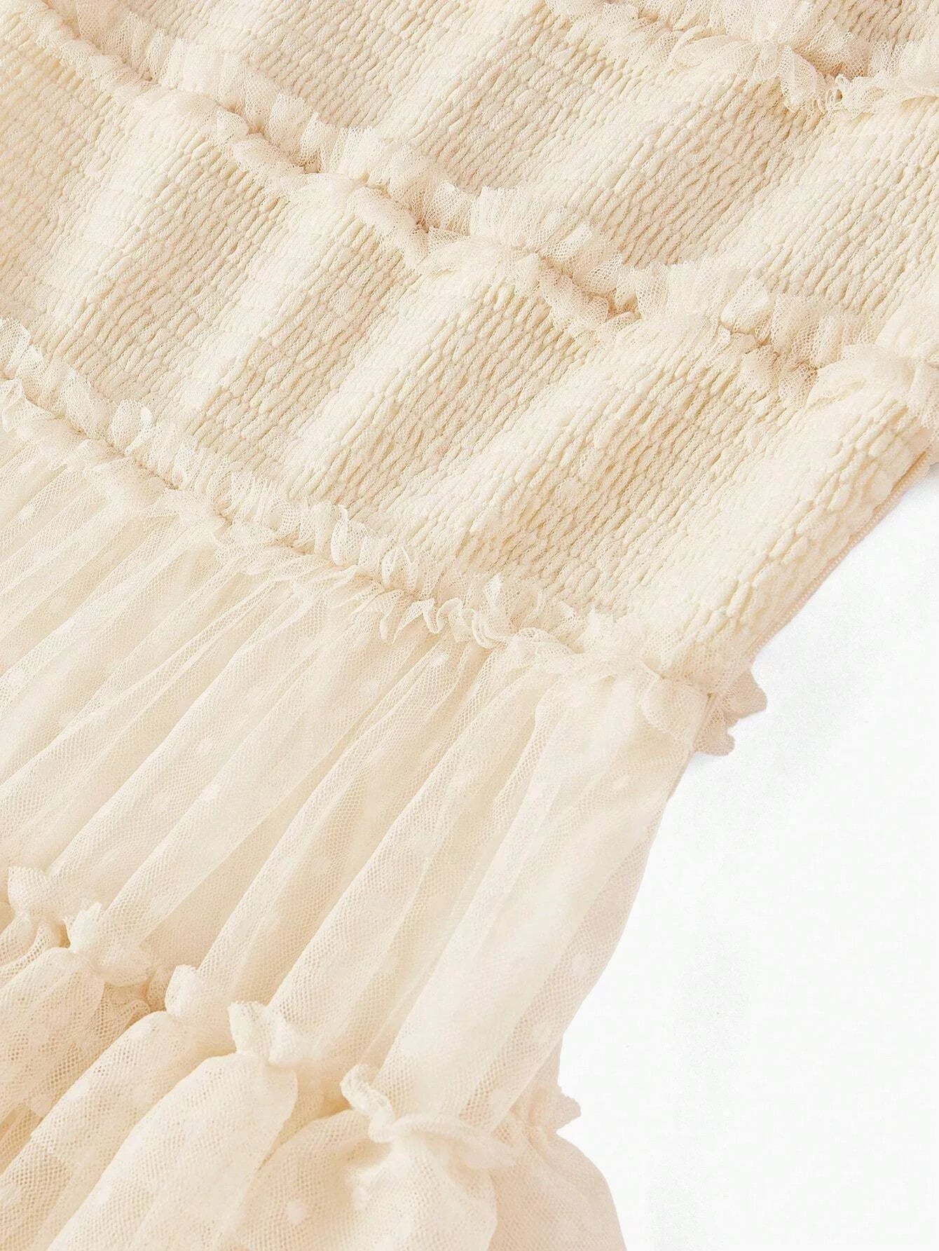 PREMIUM DOBBY MESH OVERLAY OFF SHOULDER SHIRRED BODICE LAYERED RUFFLE TRIM MAXI DRESS WOMEN OUTFIT